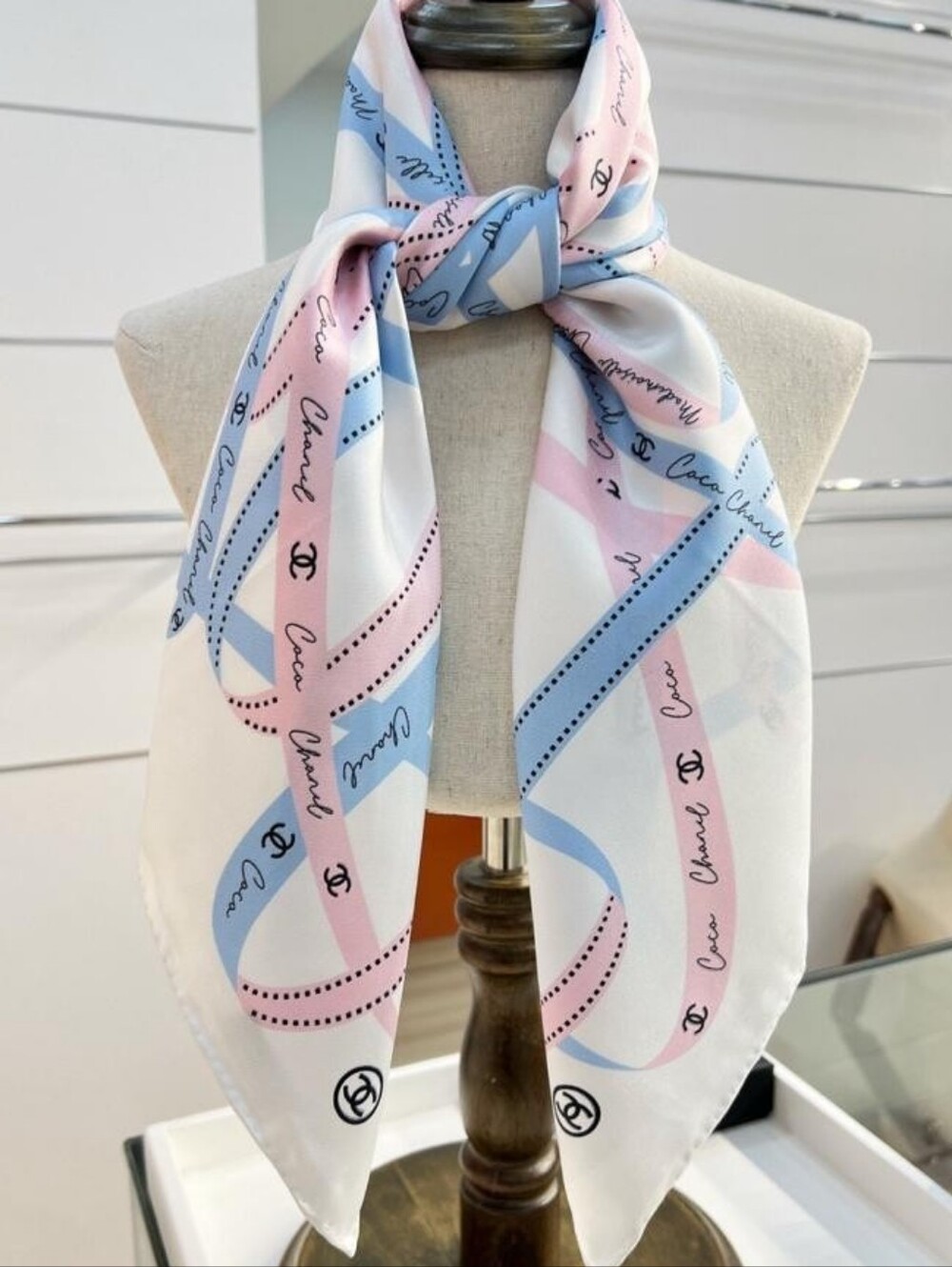 CHANEL Pink, Blue & White Logo Silk Scarf
